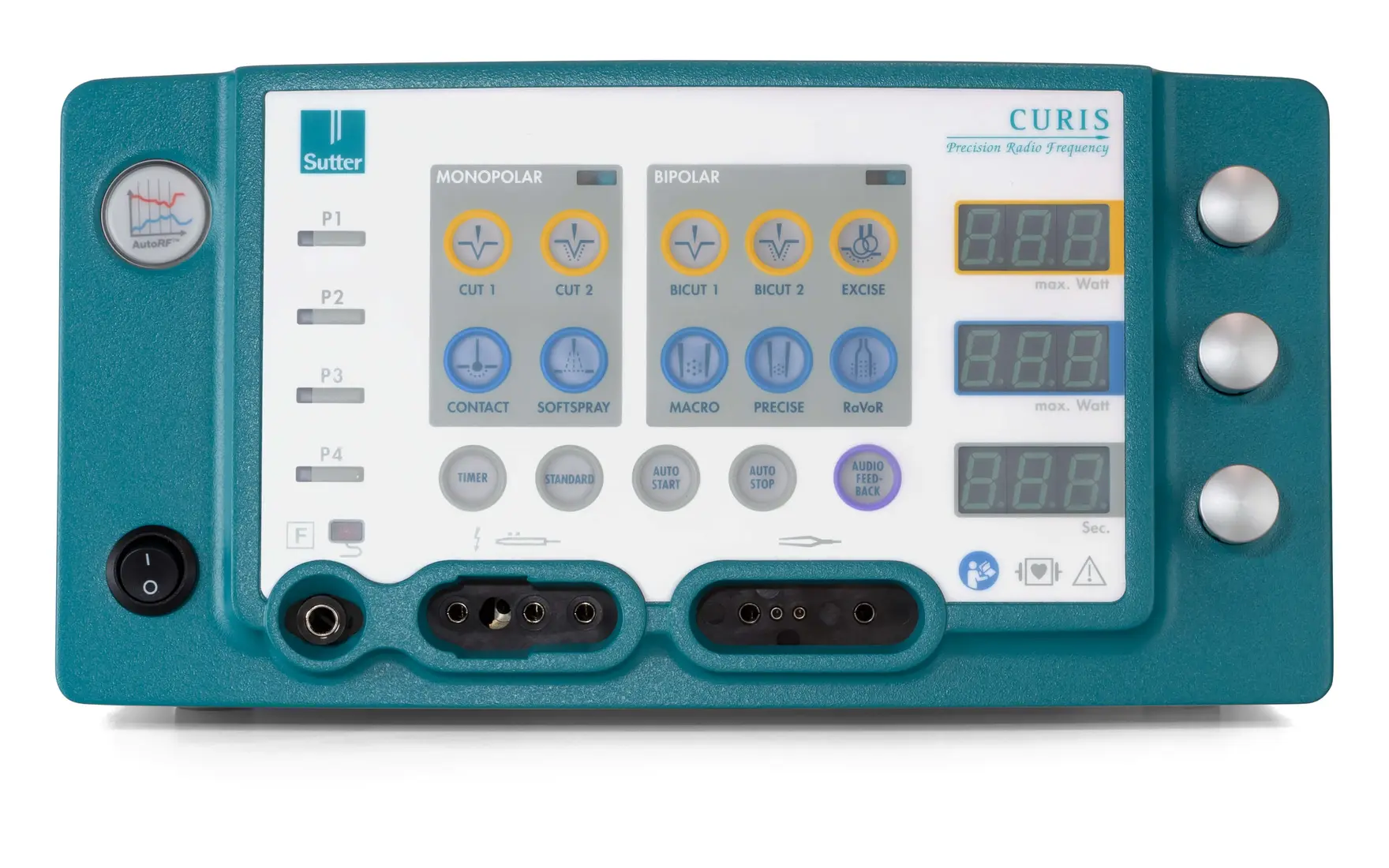 Frontansicht des CURIS® 4 MHz Radiofrequenz-Generators mit Bedienfeld, Drehreglern, Display und Anschlussbuchsen für bipolare und monopolare Instrumente.