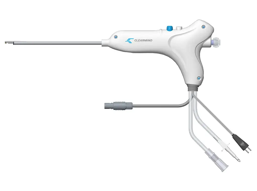 CLEARMIND medical device with long probe and rear cable connections for use in neurosurgery or ENT procedures.
