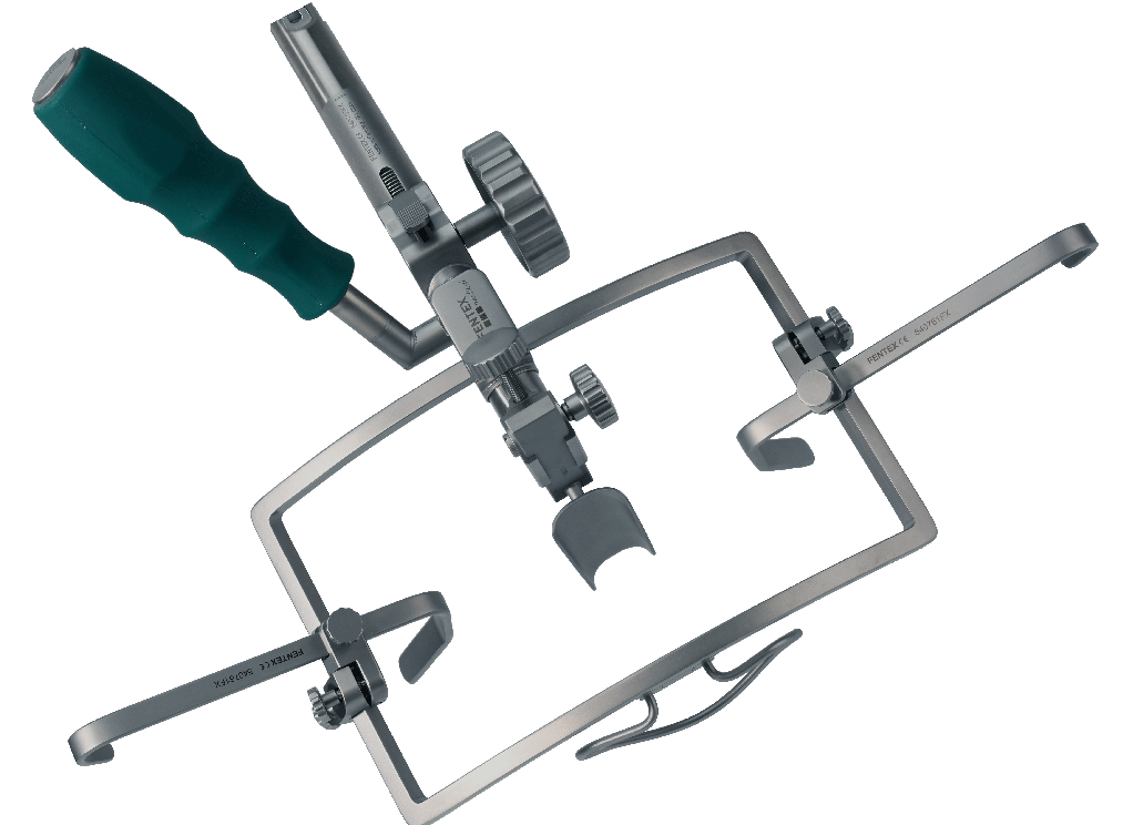 Surgical retractor with green handle and adjustable metal arms for secure wound retraction and improved visibility in the surgical field.