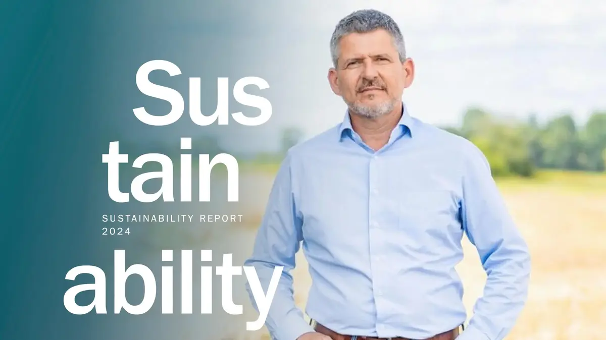 Cover image of the Sutter Sustainability Report 2024. In the foreground, a person wearing a light blue shirt and jeans stands in front of a natural landscape. On the left, large white text reads ‘Sustainability’ and ‘Precision, Sustainability and Culture,’ alongside the Sutter logo with the tagline ‘Precision Electrosurgery.’