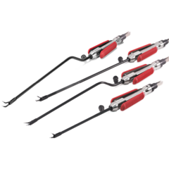 Vier Calvian endo-pen bipolare Klemmen mit schwarzem Schaft und rotem Griffbereich auf weißem Hintergrund.