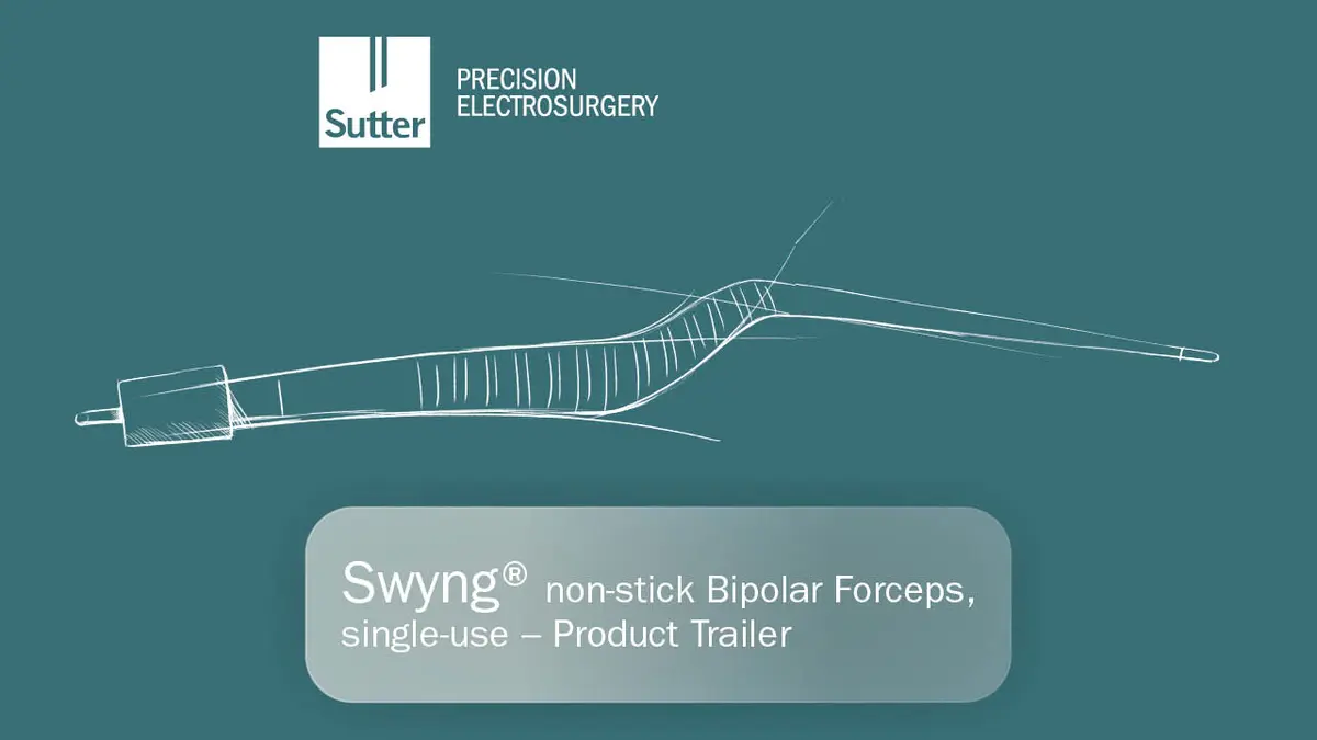 Illustration der Swyng® non-stick Bipolare Pinzetten, single-use von Sutter Medizintechnik, Produkttrailer-Abbildung auf blauem Hintergrund.