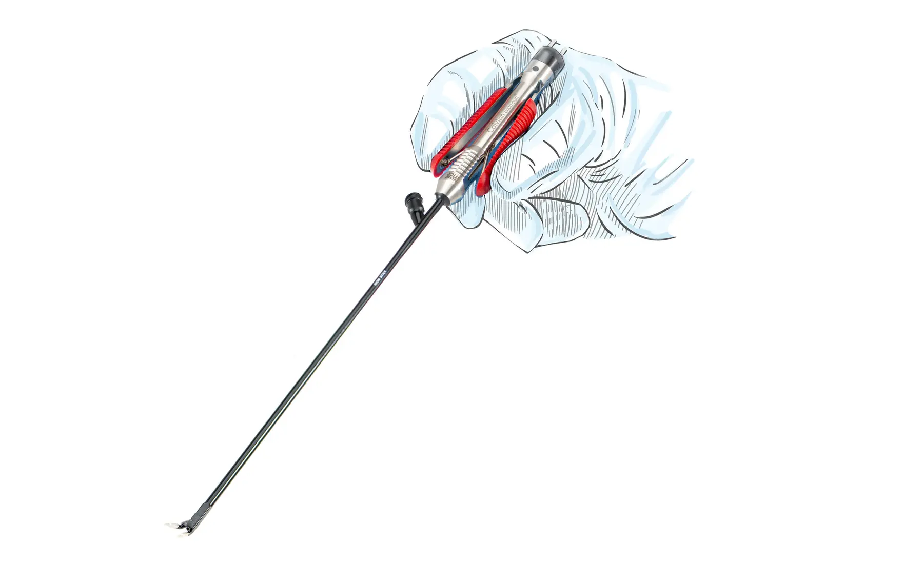 Hand mit OP-Handschuh hält ein chirurgisches Instrument mit gebogener Spitze zur präzisen Anwendung in der HNO- oder Neurochirurgie.