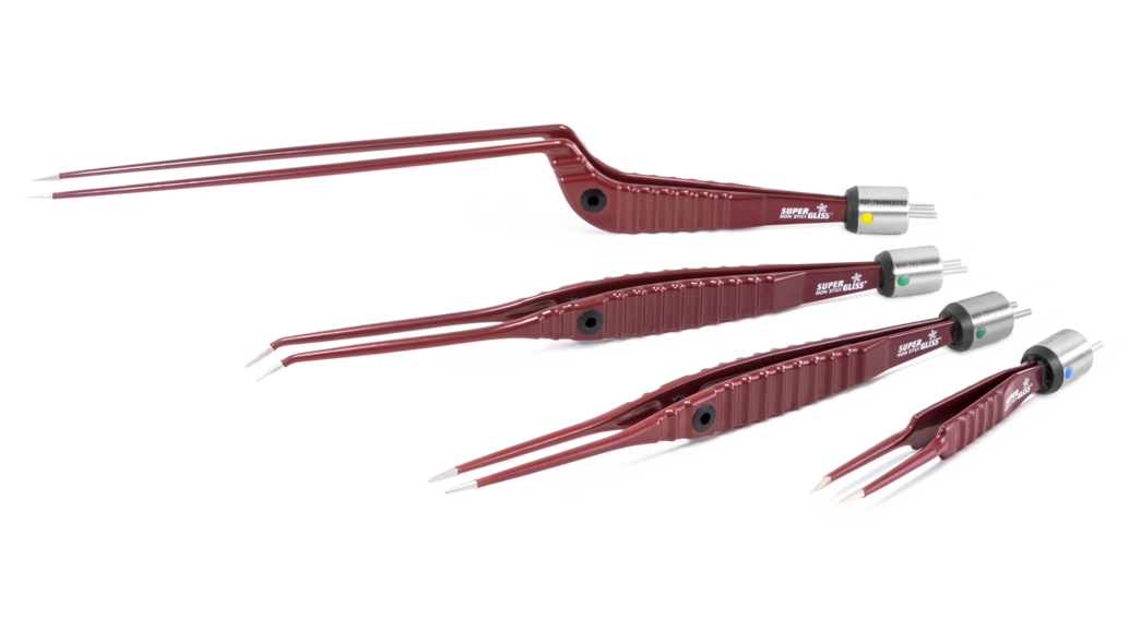 Four red SuperGliss® non-stick bipolar forceps 