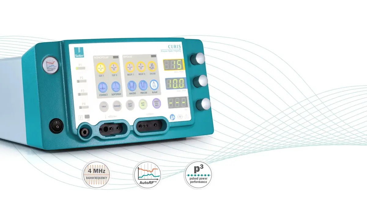 Darstellung eines medizinischen Gerätes mit digitalem Display und Bedienelementen – Anzeige von Einstellungen und Symbolen, ergänzt durch ein 4 MHz RADIOFREQUENCY-Emblem
