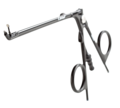 Calvian® Bipolare Zangen - Metallische bipolare Klemme in Scherenform mit geradem Schaft vor weißem Hintergrund.