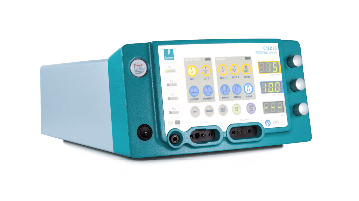 Linke Seitenansicht des CURIS® 4 MHz Radiofrequenz-Generators mit gut sichtbarem Bedienfeld, Drehreglern, Display und Anschlüssen für verschiedene chirurgische Instrumente.