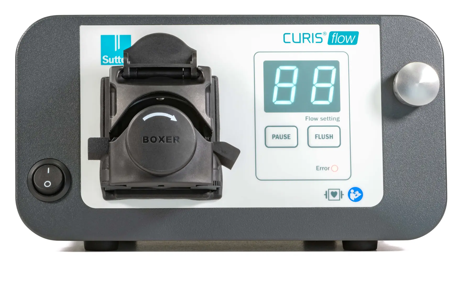 Frontansicht der CURIS® flow Spülpumpe mit digitaler Anzeige und Schlauchhalterung, kompatibel mit dem CURIS® 4 MHz Radiofrequenz-Generator.