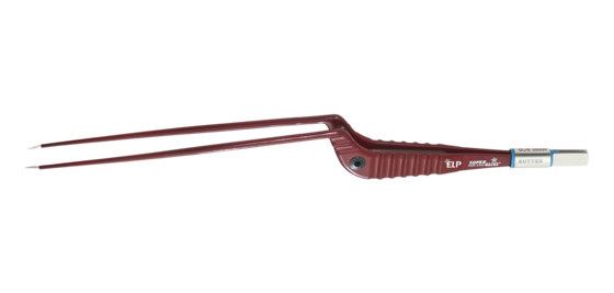 Rote SuperGliss non-stick bipolare Pinzette ELP mit langer, gebogener Form auf weißem Hintergrund