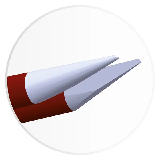 Grafische Darstellung der langen feinen Spitzenform einer SuperGliss zhora bipolaren Pinzette vor weißem Hintergrund.