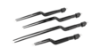 Four black bipolar irrigation forceps with angled tips, arranged diagonally