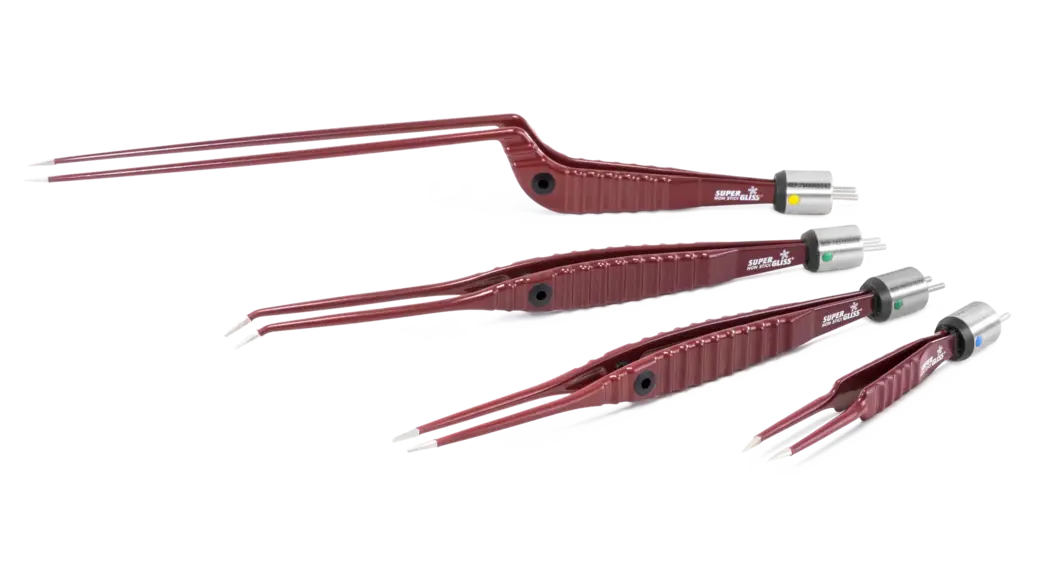Four red SuperGliss® non-stick bipolar forceps 