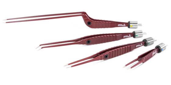 Four red SuperGliss® non-stick bipolar forceps 