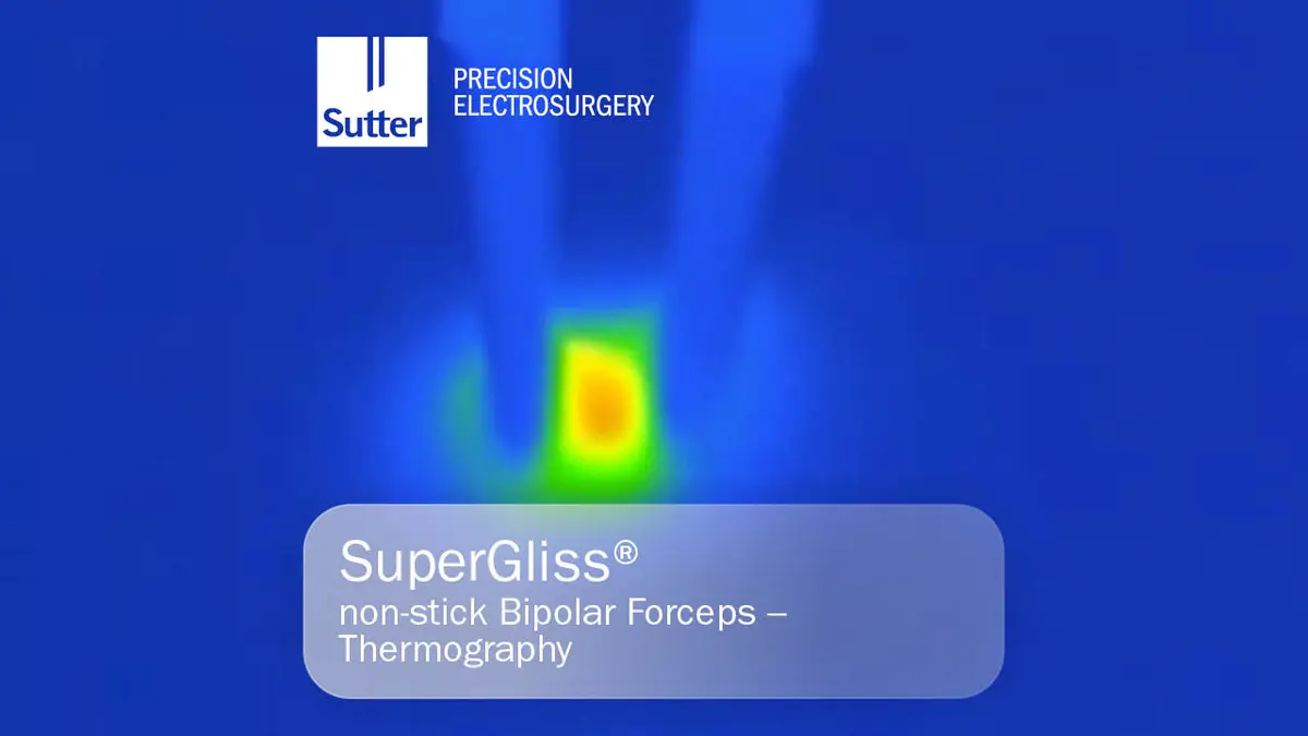 Thermografieaufnahme der SuperGliss® non-stick bipolaren Pinzette von Sutter Medizintechnik, mit Temperaturverlauf in Blau, Grün und Rot.