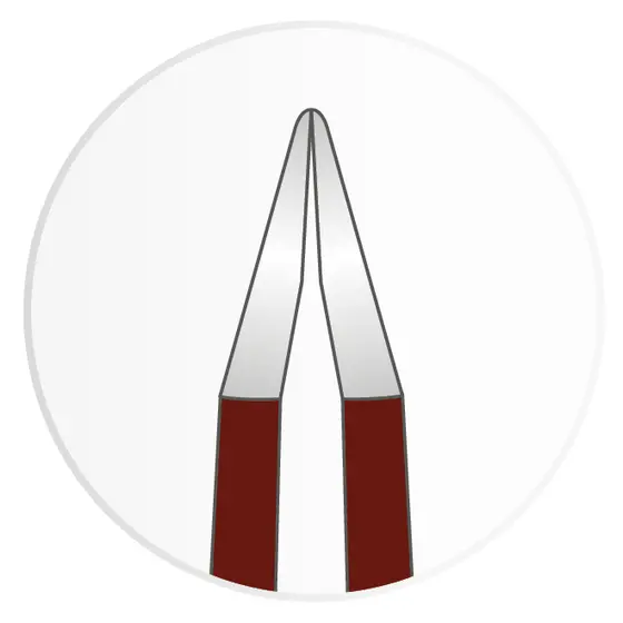 Grafische Darstellung der feinen geschlossenen Spitzenform einer roten SuperGliss bipolaren Pinzette vor weißem Hintergrund.