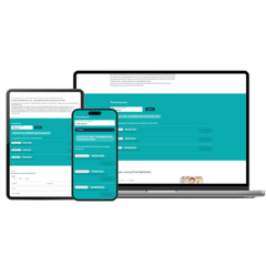 Darstellung einer Webseite mit Formularfeldern auf Tablet, Smartphone und Laptop – identische Ansicht mit Eingabefeldern für Produktname, Kategorie, Preis und einem „SUBMIT“-Button