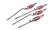 Vier bipolare Klemmen mit schwarzem Schaft und rotem Griffbereich auf weißem Hintergrund.