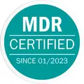 Rundes Badge mit türkisfarbenem Hintergrund und weißer Schrift MDR CERTIFIED SINCE 01/2023